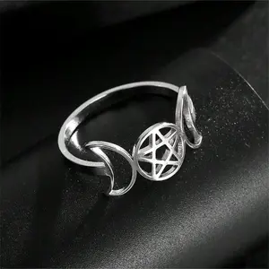 1Pcs Stainless Steel Gothic Double Moon Witchcraft Five Pointed Star Open Ring, Fashionable Personality Accessory for Daily Wear
