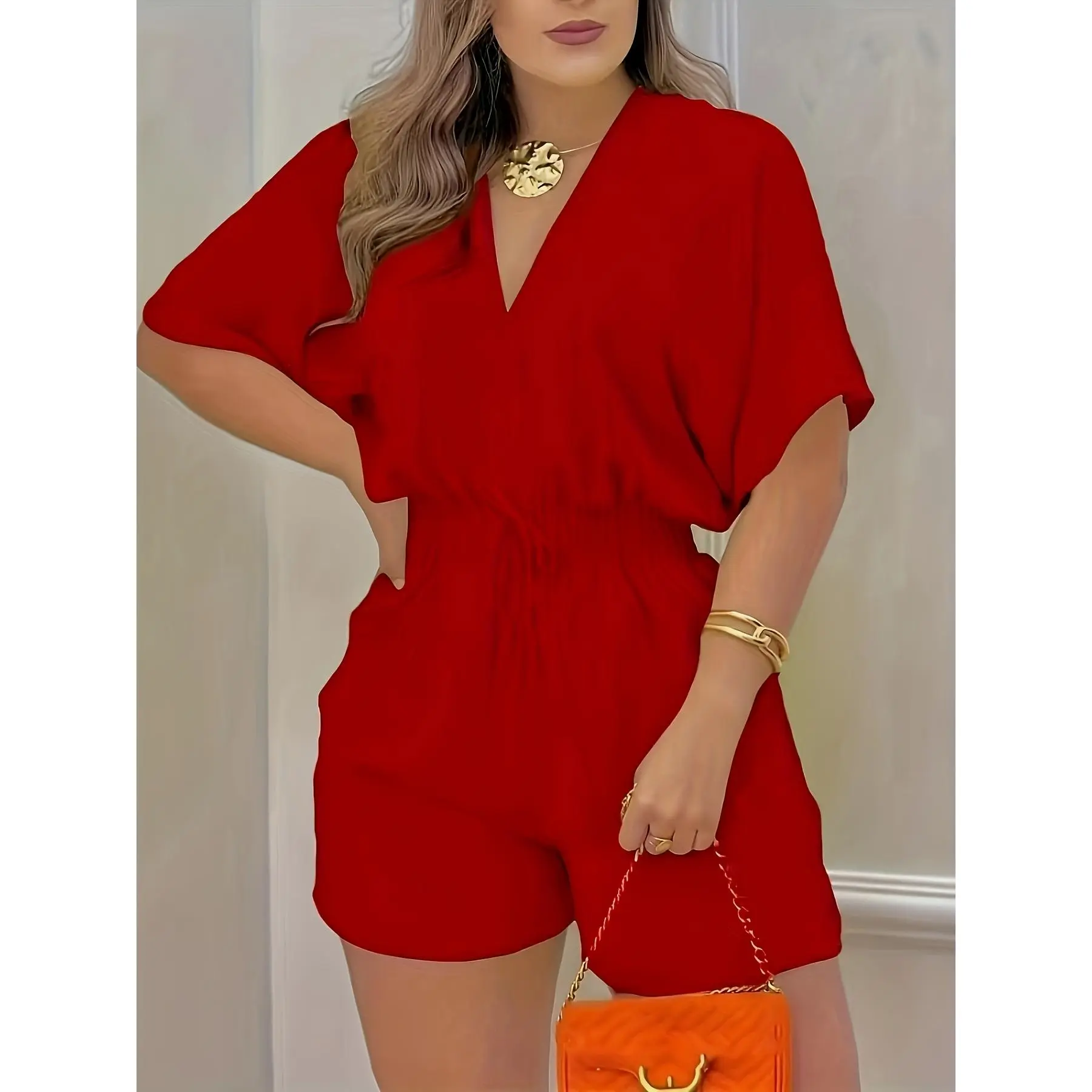 (New)[V Neck Solid Romper] Solid V Neck Romper, Elegant Short Sleeve Shirred Waist Jumpsuit For Spring & Summer, Women's Clothing Womenswear Overalls Comfort Basic