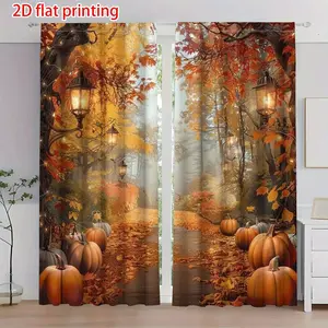 2 Pieces, Autumn Harvest Curtains - Vintage Pumpkin Maple Leaf Lantern Pattern, Semi-Blackout Curtain Panel for Living Room, Bedroom, Office - Machine Washable Polyester Home Decor, Rustic Print Design, Christmas Day Theme Decor, Home Decoration Curtain