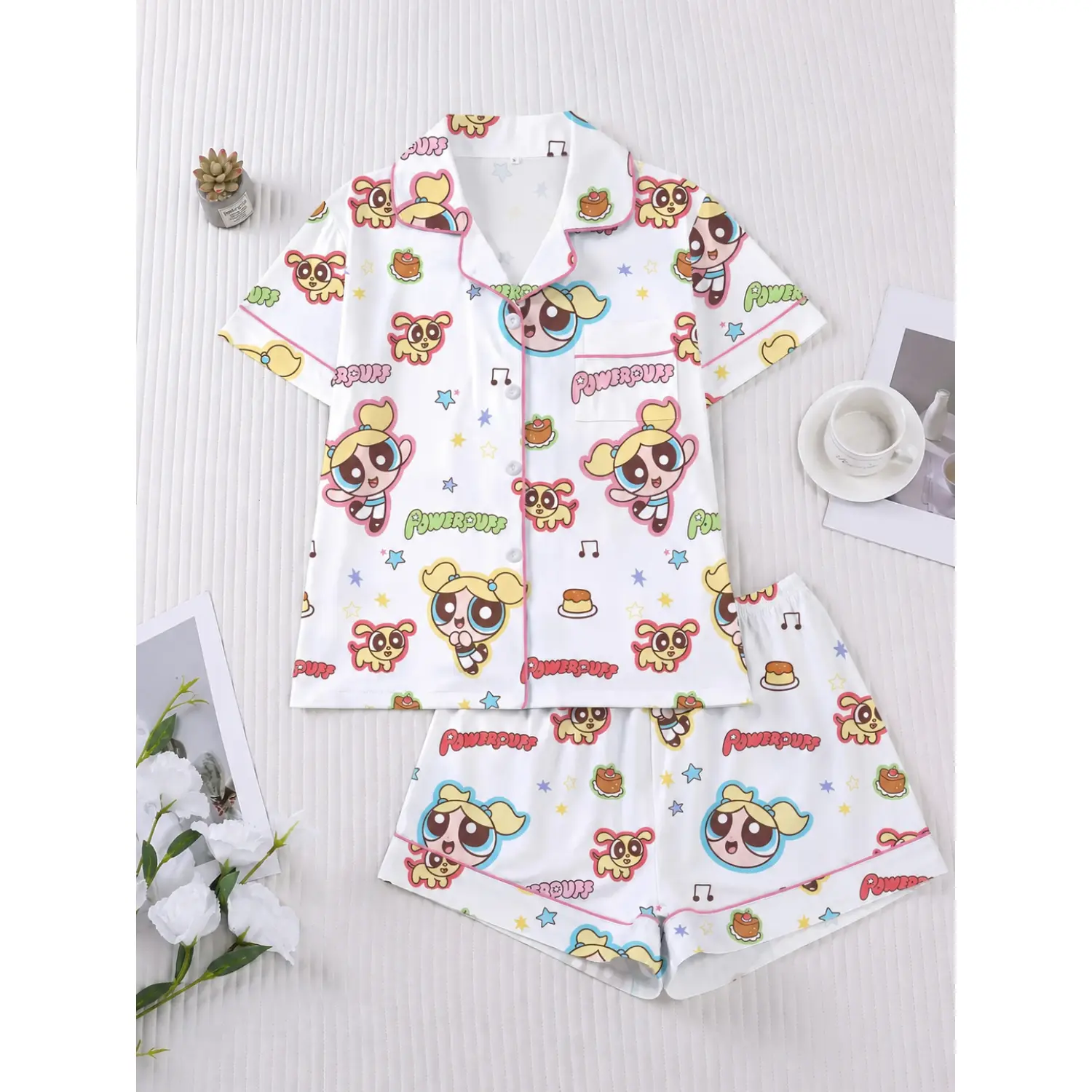 Flying Girl Print Women's Pajama Set: Short Sleeve Button-Up Soft Top and Relaxed Elastic Shorts, Casual Loungewear for Everyday Comfort