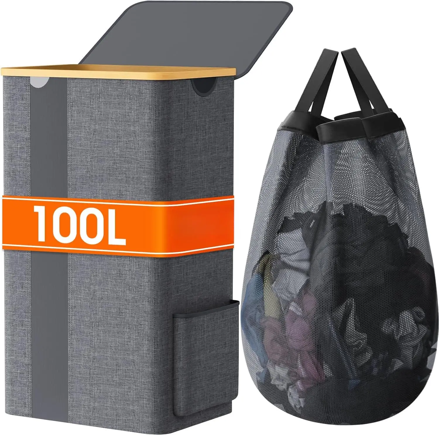Laundry Basket with Lid, 100L Clothes Laundry Hamper with Handles and Removable Laundry Bag, Breathable Design Hamper with Lid for Bedroom, Bathroom, Dorm, Laundry Room - Light Grey