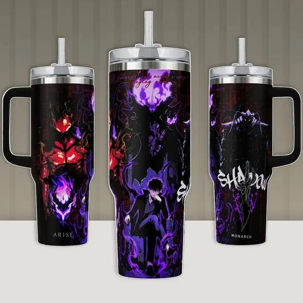 Solo Leveling Inspired Sung Jin-Woo Shadow Army 20oz/30oz/40oz Stainless Steel Tumbler with Handle – Double Wall Vacuum Insulated Travel Mug, Dark Fantasy Anime Fan Gift