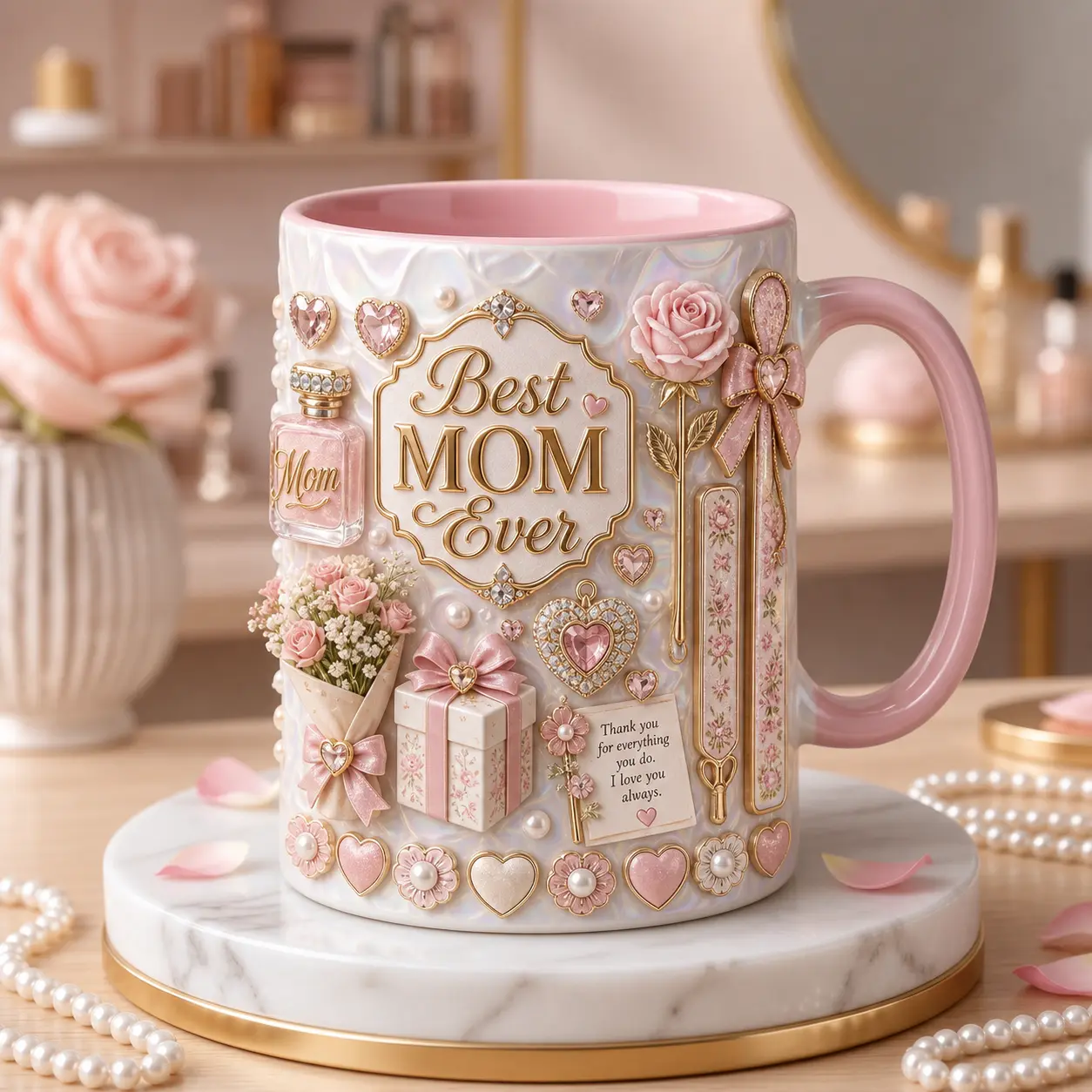 Personalized Mother Mug, 2D Printed 3D Effect Floral Rose Ceramic Coffee Cup with Pink Jewel Design, Cute Appreciation Mug for Mom Grandma and Stepmom, Perfect Mother’s Day Christmas Gift for Her