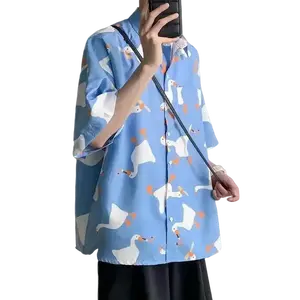 Aesthetic Silly Goose Hawaiian Shirts, Cute Duck Aloha Top Summer Outfits, Button Down Shortsleeve Streetwear, Casual Tropical Menswear