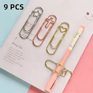 9 PCS 3-Color Metal Pen Holder Clips & Pencil Clips- Heart Star Cross-Shaped Designs Multi Function Paper Clip Pen Holder Pen Paper Clip for Notebook Book Journal Office School Accessories