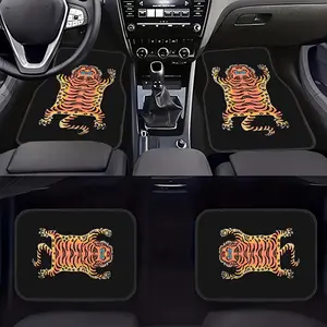 4-Piece Tiger Print Universal Car Floor Mats, Polyester Fiber, Anti-Slip and Absorbent, Suitable for Most Models, Animal Fashion Carpet, Automotive Floor Mats