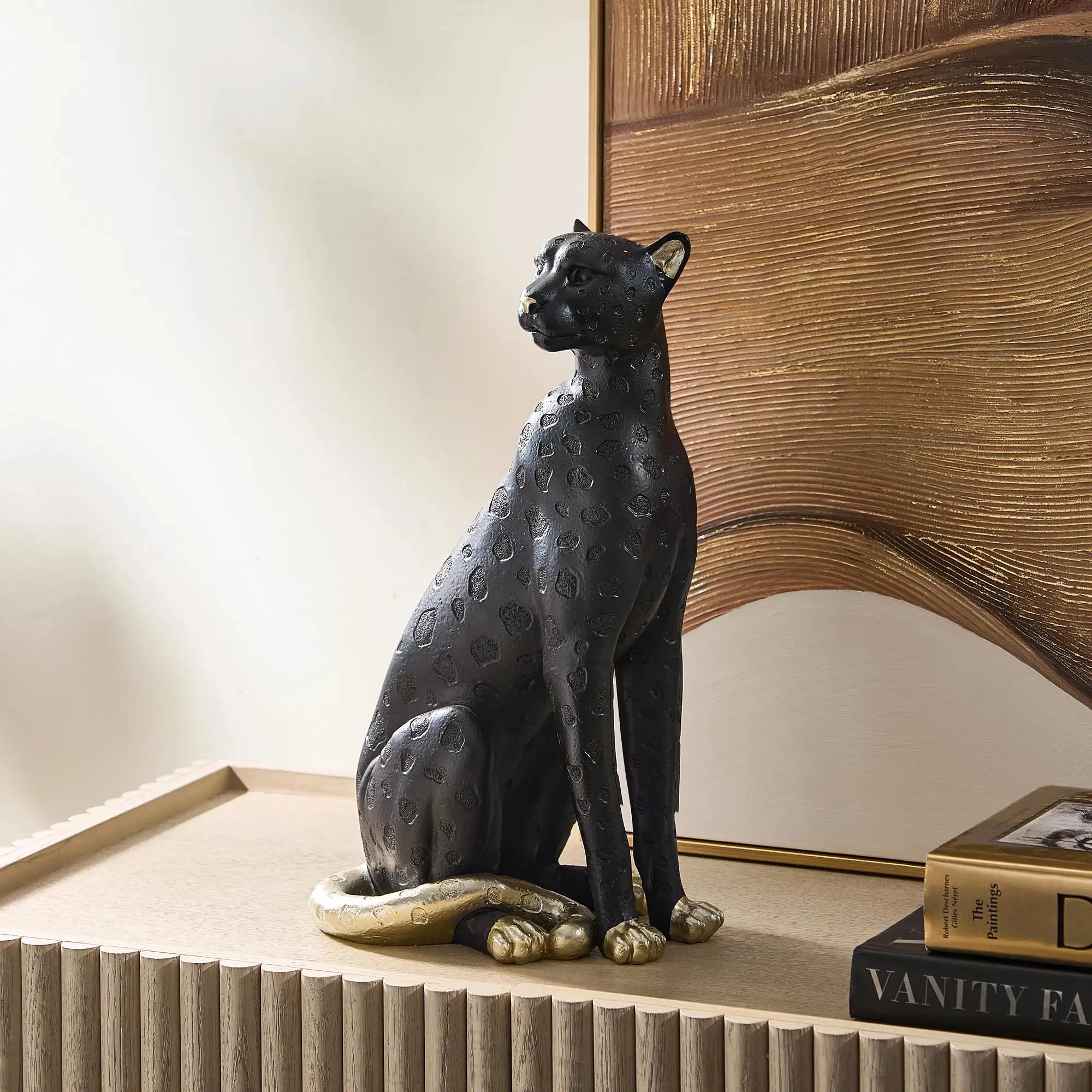 Z Gallerie Midnight Leo Resin Leopard Statue - Matte Finish, Gold Accents, Tail, Abstract Figure Sculpture - High-End Aesthetic Home Decor, Room & Living Room Decorations, Interior Accessory (10.25"W x 7.25"D x 17.75"H)