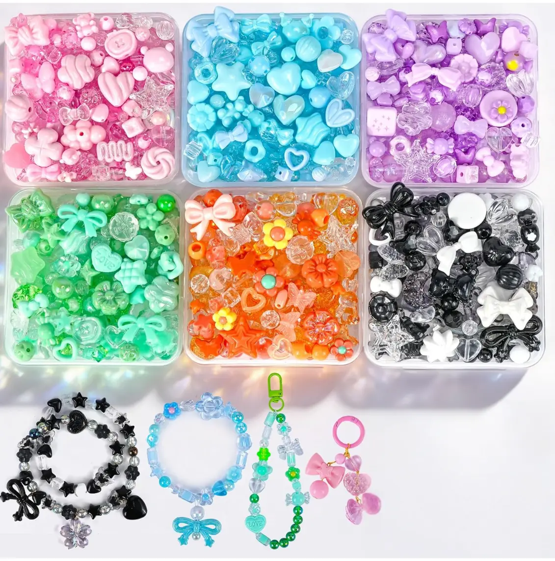 Summer Gift 480PCS Acrylic Beads for Bracelet Making Kit with String, 6 Colors Assorted Cute Beads Bracelet Charms for Jewelry Making, Kawaii Bow Star Flower Shape for DIY Keychain Bag Necklace Charms