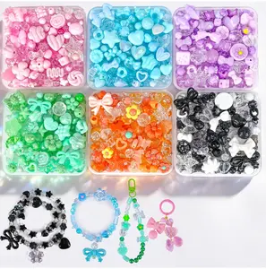 Summer Gift 480PCS Acrylic Beads for Bracelet Making Kit with String, 6 Colors Assorted Cute Beads Bracelet Charms for Jewelry Making, Kawaii Bow Star Flower Shape for DIY Keychain Bag Necklace Charms