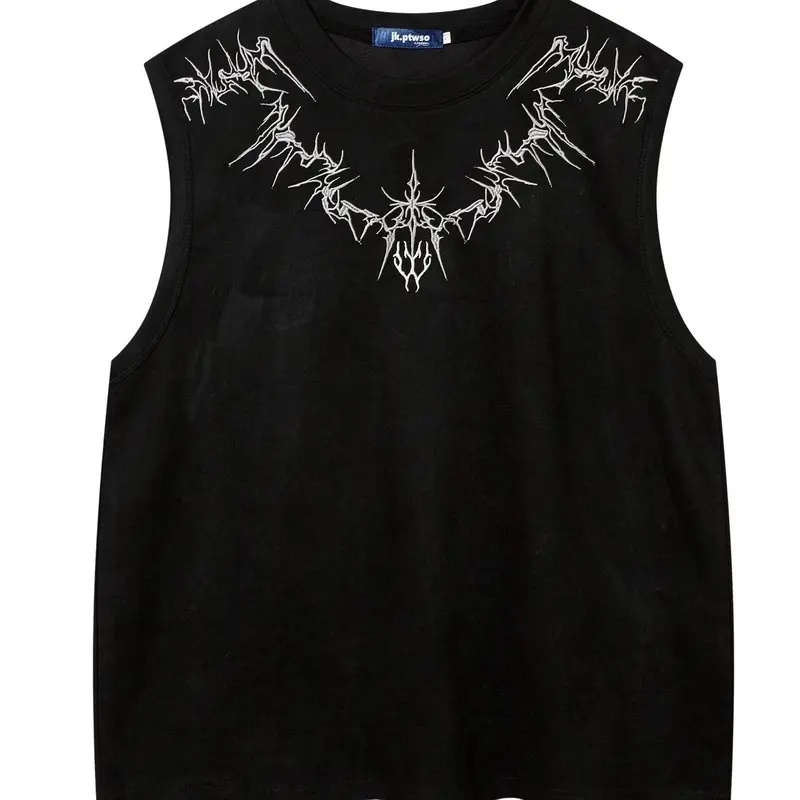 Men's Loose Stretch Graphic Embroidery Round Neck Suede Tank Top, Casual Sleeveless Crew Neck Top for Summer, Fashion Men's Top for Daily Wear