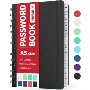 Password Book with Individual Alphabetical Tabs, 5.3"x7.6" Medium Size Password Notebook, Spiral Password Keeper Book for Senior, Cute Password Manager Logbook for Home Office, Black