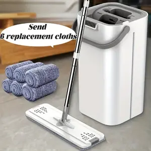 Hands-Free Flat Dust Mop with Bucket and Washcloth - Wet-Dry Cleaning Durable Plastic Household Floor Tool for Bedroom, Kitchen