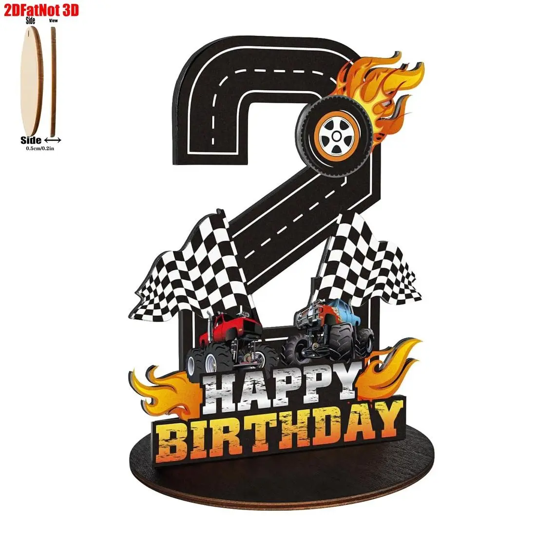 Monster Truck Birthday Centerpiece Decor, Racing Theme Wooden Table Decoration, Checkered Flag and Flame Design, Boy's Party Supplies