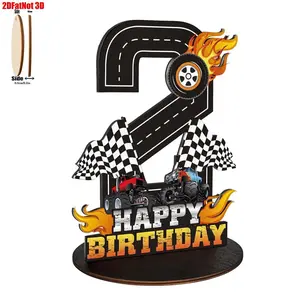 Monster Truck Birthday Centerpiece Decor, Racing Theme Wooden Table Decoration, Checkered Flag and Flame Design, Boy's Party Supplies