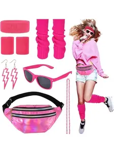 1980s Themed Pink Retro Party Outfit Adult Vintage Costume Masquerade Set 80s