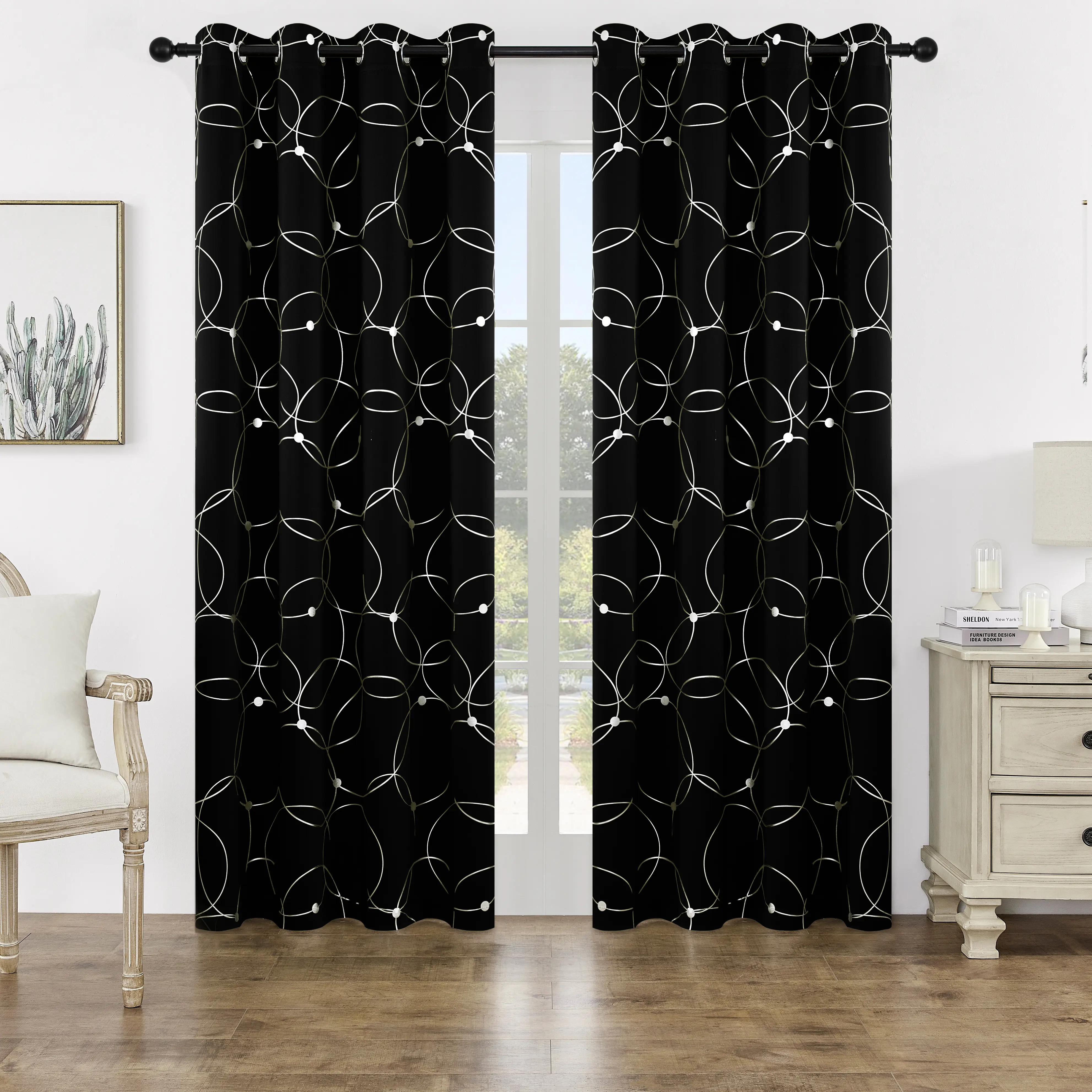 2 Pcs Grommets Curtains - Grommet Top Ring Pattern Gold Modern Blackout Window Curtain, Premium Texture, Fashionable Look, Strong Sunlight Blocking, Luxury Blackout Window Cover for Home Decoration, Modern Curtains