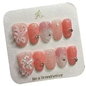 T12 Hand-embossed butterfly with flower pink gradient maiden feel removable press on nails