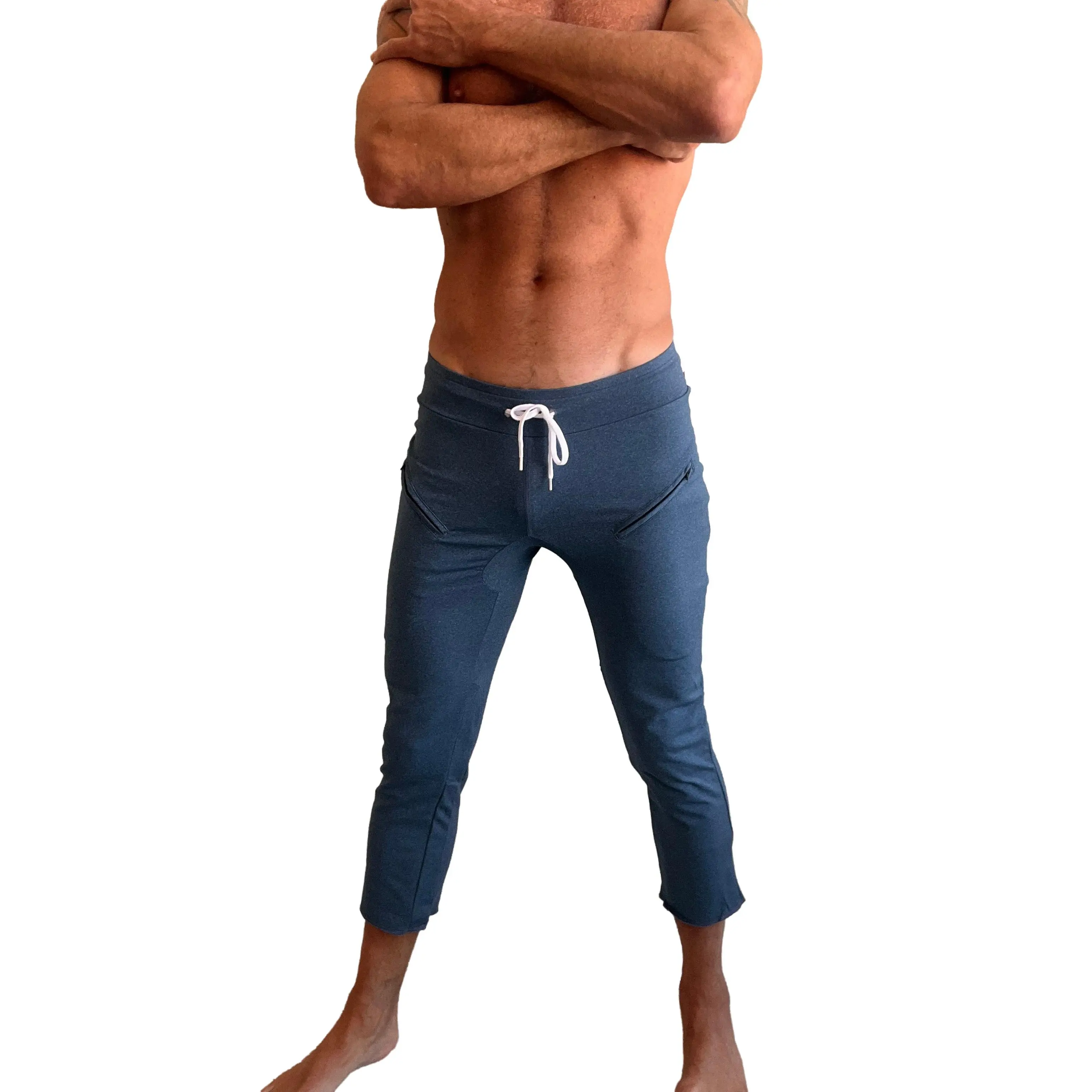 PERFORMANCE Premium Mens 4/5 Zipper Pocket Capri Yoga Pants (Coral Blue Heather)
