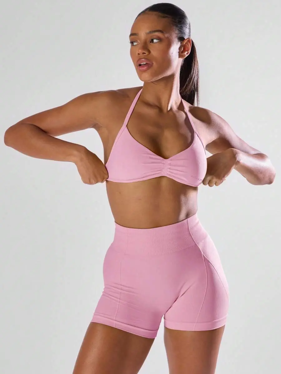 Musera Sport Solid Ruched Bust Open Back Halter Sports Bra, Active Comfy Workout Gym Running Run Gym Fitness Yoga Pilates Daily Casual