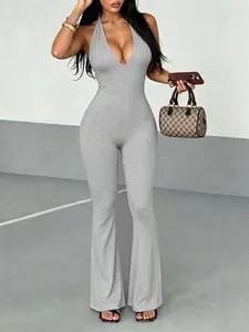 Ladies' backless deep V-flared jumpsuit, sleeveless tight black one-piece high waisted waist cinched slim fit jumpsuit, suitable for club wear and casual outings. Multiple colors to choose from!