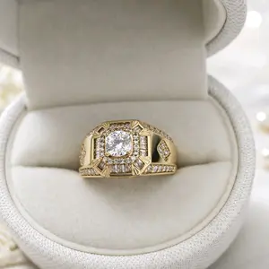 14K Gold Laminated Men’s Ring – CZ Diamond Square Design, Luxury Statement Ring, Perfect Gift for Him