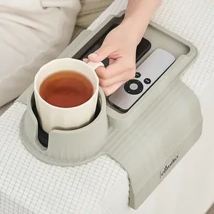 Elimiko Anti-Spill Silicone Couch Cup Holder Tray - Weighted Sofa Armrest Organizer for Drinks, Mugs & Snacks - Essential Home & Apartment Decor（Black） (Griege)
