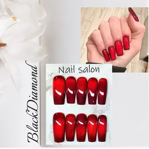 Crystal Cherry Red Cateye Design 10 PCS Handmade Acrylic Press-On Nails - Available in variety of different shapes and Lengths