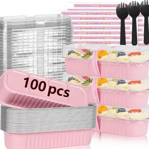 100 Pack Mini Loaf Pans with Lids and Spoons Sealing Sticker 6.8oz Disposable Aluminum Foil Pink Rectangle Cake Pans for Baking Small Containers