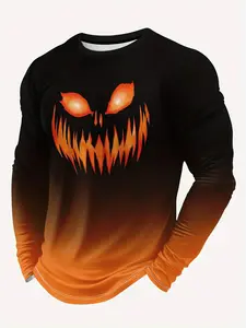Men's Regular Fit Halloween Print Long Sleeve Graphic Tee, Casual Round Neck T-Shirt for Fall & Winter, Men's Top for Daily Wear