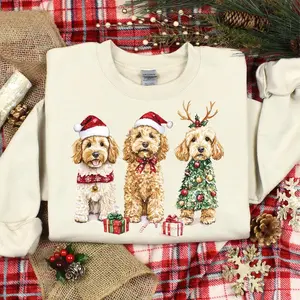 Trio Goldendoodle's Christmas Sweatshirt, Watercolor Golden Doodle, Holiday Labradordoodle Sweatshirt