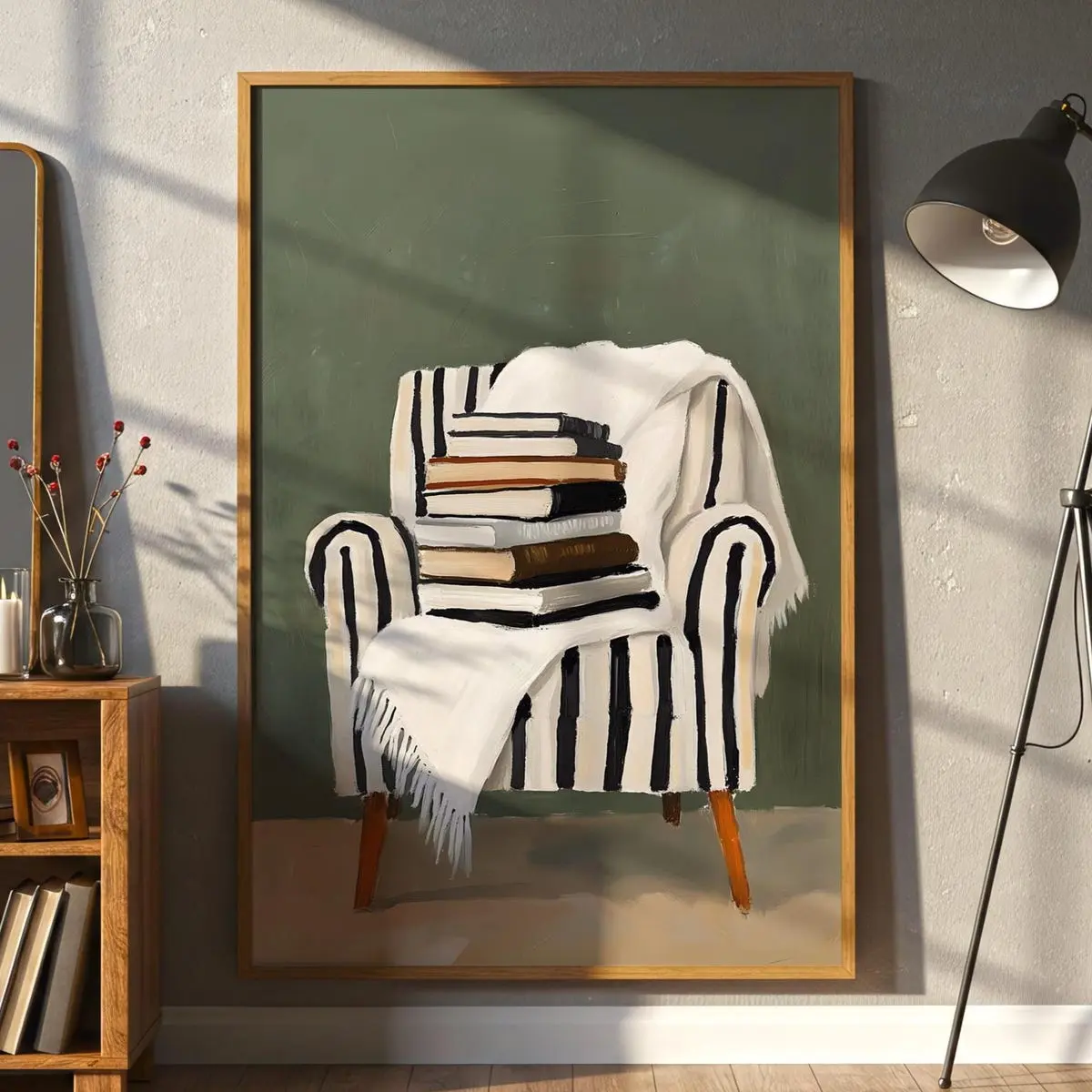 Cozy Reading Nook Wall Art – Stack of Books on Chair Poster, Minimalist Literary Artwork for Book Lovers, Neutral Aesthetic Room Decor, Unframed