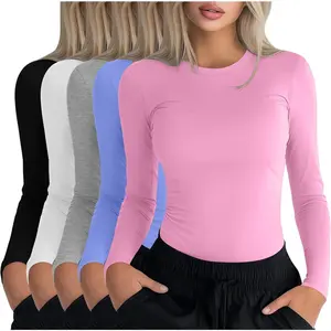 5 Pack Womens Underscrub Long Sleeve Shirts Slim Fit Crew Neck Tops Basic for Nurse with Soft Fabric