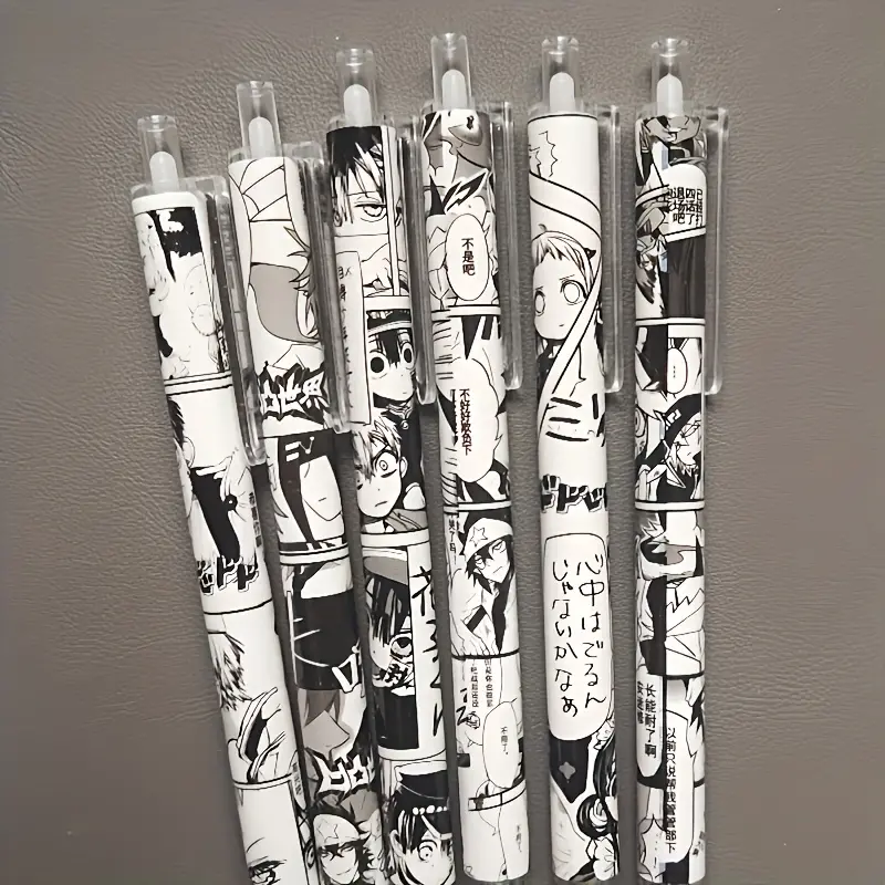 [Anime Pens] 6pcs Anime Pens, Unique Pens, Doodle Drawing Pen, Medium Nib, Smooth Writing, Water-based Black Ink, Durable Plastic, Anime Themed Pens, Office and School Stationery