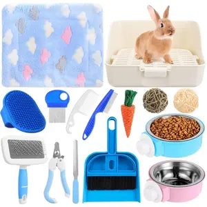 15 count  Starter Kit Small  Litter Box   Kit Bunny Toys Bowl Blankets with Cleaning Set for Guinea Pig Accessories(Multicolor)