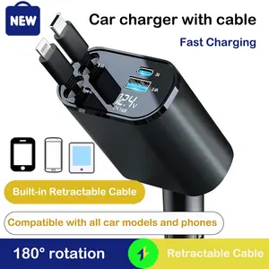 4 in 1 Retractable Car Charger, USB C Fast Charging Adapter with Lightning Cable Compatible with iPhone 16/15/14/13 Pro Max Plus, Samsung S23/S22/S1