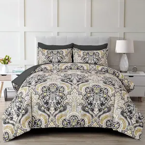 Boho Paisley Comforter Set Queen Size, 7 Pieces Bed in a Bag Black Gold Comforter Set, Soft Lightweight Bedding Set (1 Comforter, 1 Flat Sheet, 1 Fitted Sheet, 2 Pillow Shams, 2 Pillowcases)