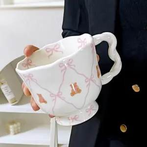 Cute Teddy Bear High Footed Cup, Creative Ancient Style Water Tea Mug, Office Cartoon Breakfast Cup, Home Use, Elegant Lady Design