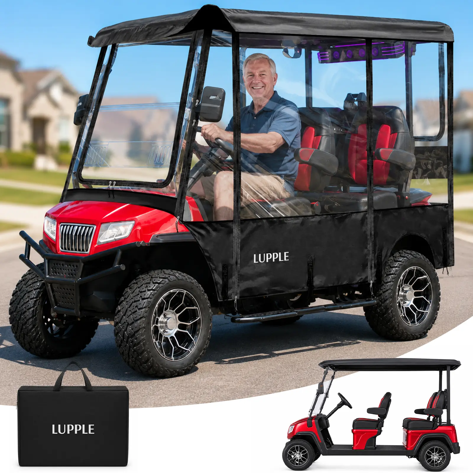 Lupple Golf Cart Enclosure Compatible with Evolution D5 Ranger & Maverick 4 | 4 Forward Facing Golf Cart Rain Cover, Extended Long Roof 600D Waterproof Windproof Weather Enclosure