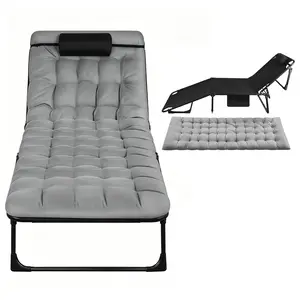 Outdoor Folding Beach Lounge Chair Camping Cot Bed with Canopy Shade, 4-Position Adjustable Reclining Chaise Lounge with Pillow & Cup Holder Tray, Portable Sun Lounger for Beach Pool Patio Camping Yard