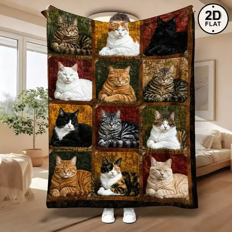 1pc Soft Flannel Blanket - 280GSM 2D Cat Square Pattern Print, 4-Season Warm Throw, Love's Gift Theme, Suitable for Sofa, Home Decoration, Travel (Textiles & Soft Furnishings Bedding Linens Blankets & Throws)