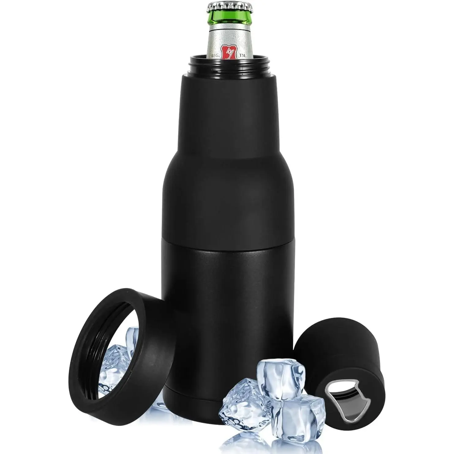 12oz Universal Beer Bottle Holder Double Walled SS Beer Bottle Cooler 3 in 1 Can Koozie with Beer Opener Vacuum Insulated for Fishing Camping Outdoor Activities Nice Gift for Men(Black)