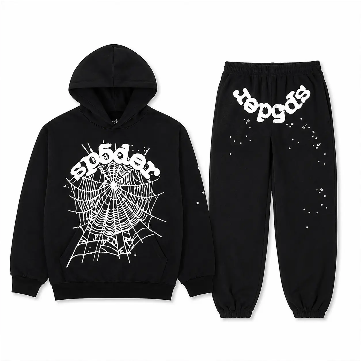 SP Black Tracksuit Set – Y2K Graphic Hoodie & Sweatpants, Unisex 2-Piece Streetwear Outfit, Oversized Pullover Hoodie & Joggers, Casual Matching Set for Men & Women