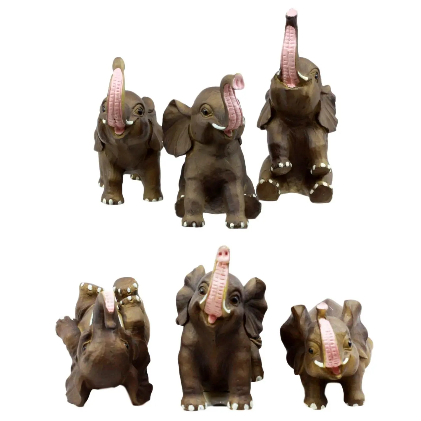 Ebros Gift 6-Piece Wooden Handcrafted African Savanna Whimsical Baby Elephant Calves Home Decor Figurines, 3.5"H Statues