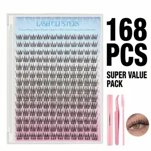 168Pcs Individual Lash Extension Kit Wispy Natural Clusters DIY Eyelash Kit with Bond & Seal & Tweezers 0.05mm Mixed Lengths Lash Map