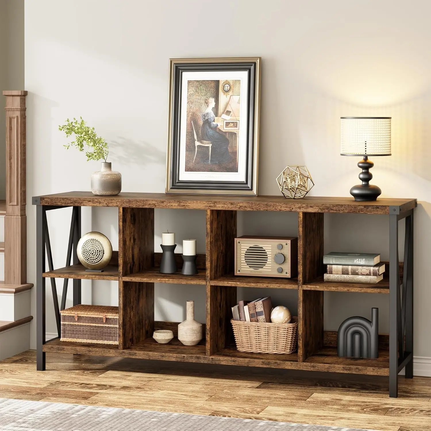 8 Cube Storage Organizer Bookshelf, 3 Tier Metal Horizontal Bookcase, 62 Inch Console Bookshelves, Industrial Storage Bookcase for Entryway, Long Low Bookshelf for Living Room
