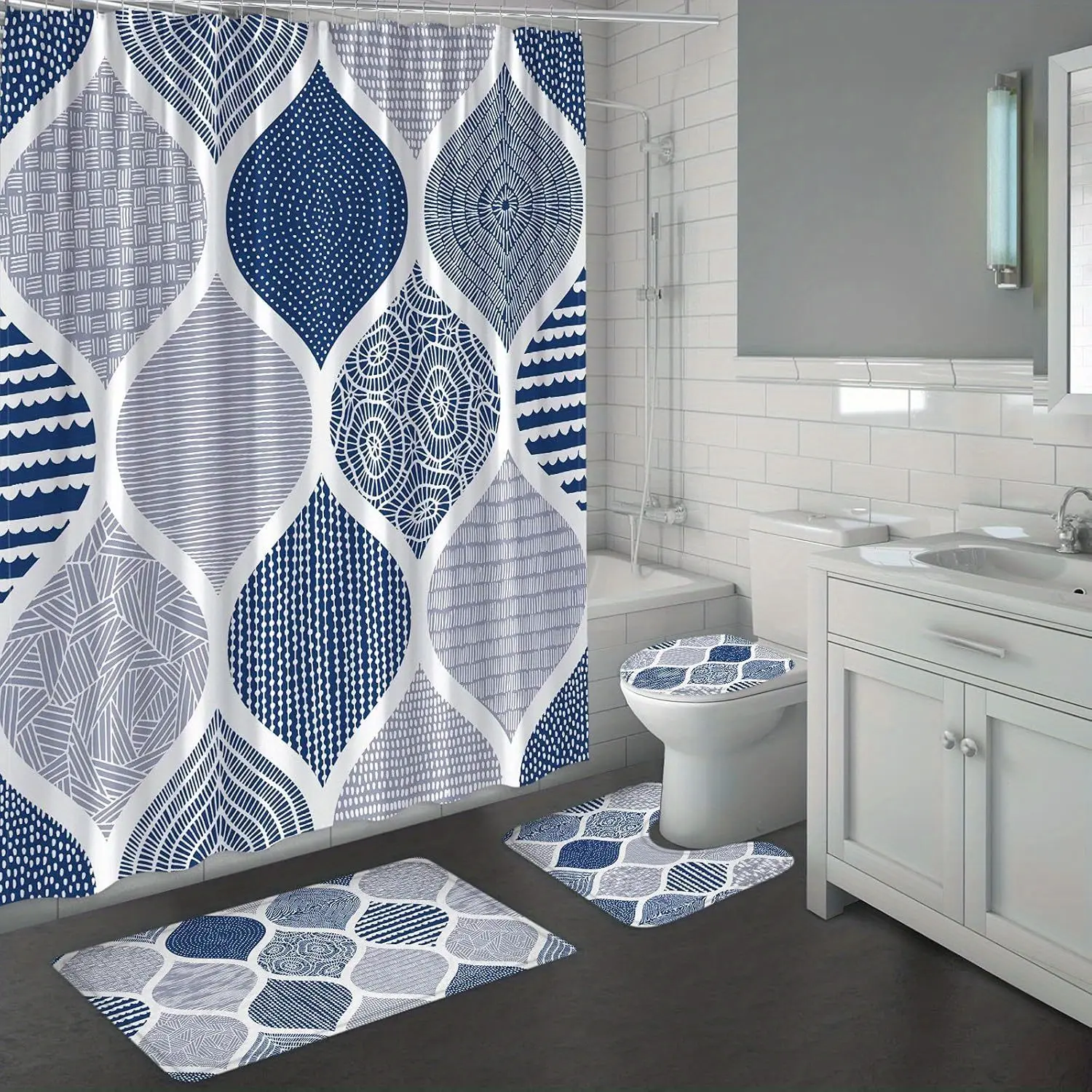 HOT 4pc Blue Shower Curtain Sets with Rugs  Navy Blue Bathroom Sets with Shower Curtain and Rugs and Accessories  4 Pcs Boho Shower Curtain Sets  Geometric Bohemian Bathroom Decor Wooden Wooden