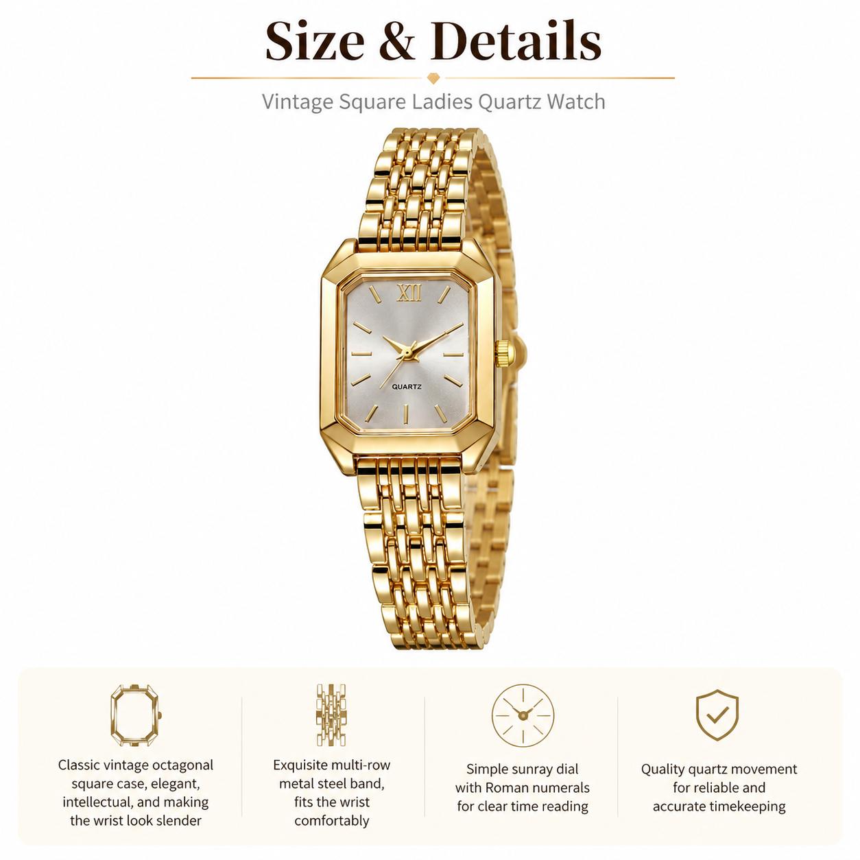 Luxury Ladies Fashion Quartz Watch Simple Scale Square Quality Gold Plated Women Watches Business, Gift Box & Adjuster & Gift for Her | Women's Lightweight Square Quartz Watch - Gold Analog, Elegant Vintage, Small Stainless Steel Bracelet Wristwatch, Girl