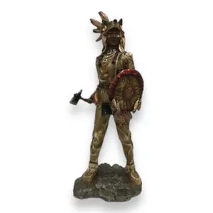 16in Handmade Craft Resin Native American Warrior Person Figurine with Wolf Headdress, Shield - Native Theme Home Decor Statue