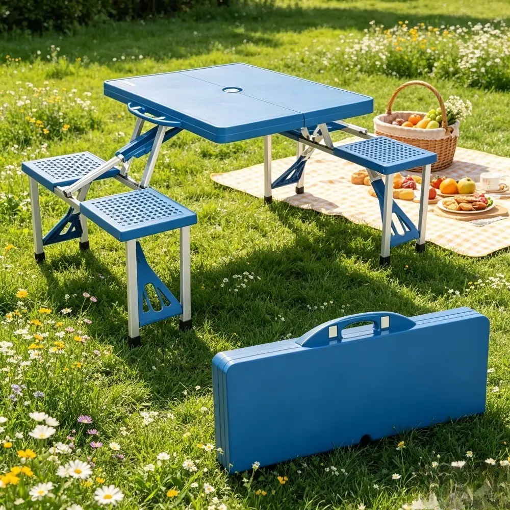 4 Ft Camping Picnic Table Set with 4 Seats with Umbrella Hole Folding Lightweight Suitcase Card Table-220 Lbs Support Aluminum Frame, Plastic RV Tabletop for Barbecue,Travel,Outing,Gathering