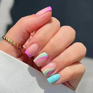 24pcs Blue French Macaron Wave False Nails, Reusable Short Square Glossy Nail Art, Perfect for Stylish Manicures & Events